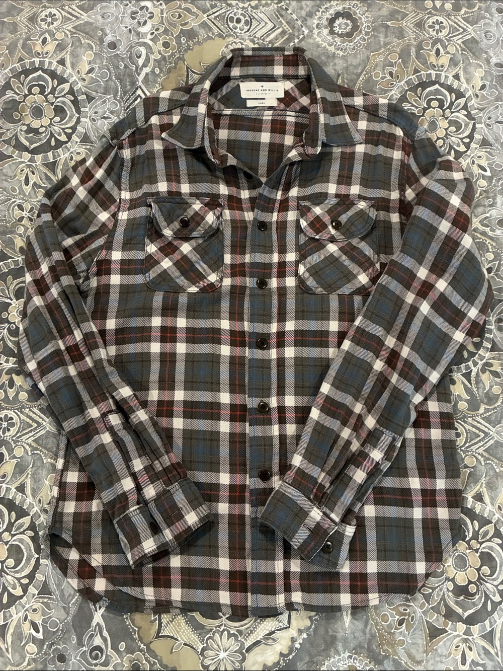 imogene + willie earl plaid button down shirt in brown and blue